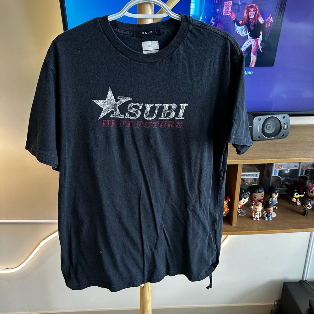 Ksubi Hi Fi Future T Shirt with Cross Detail and Rat Tail
